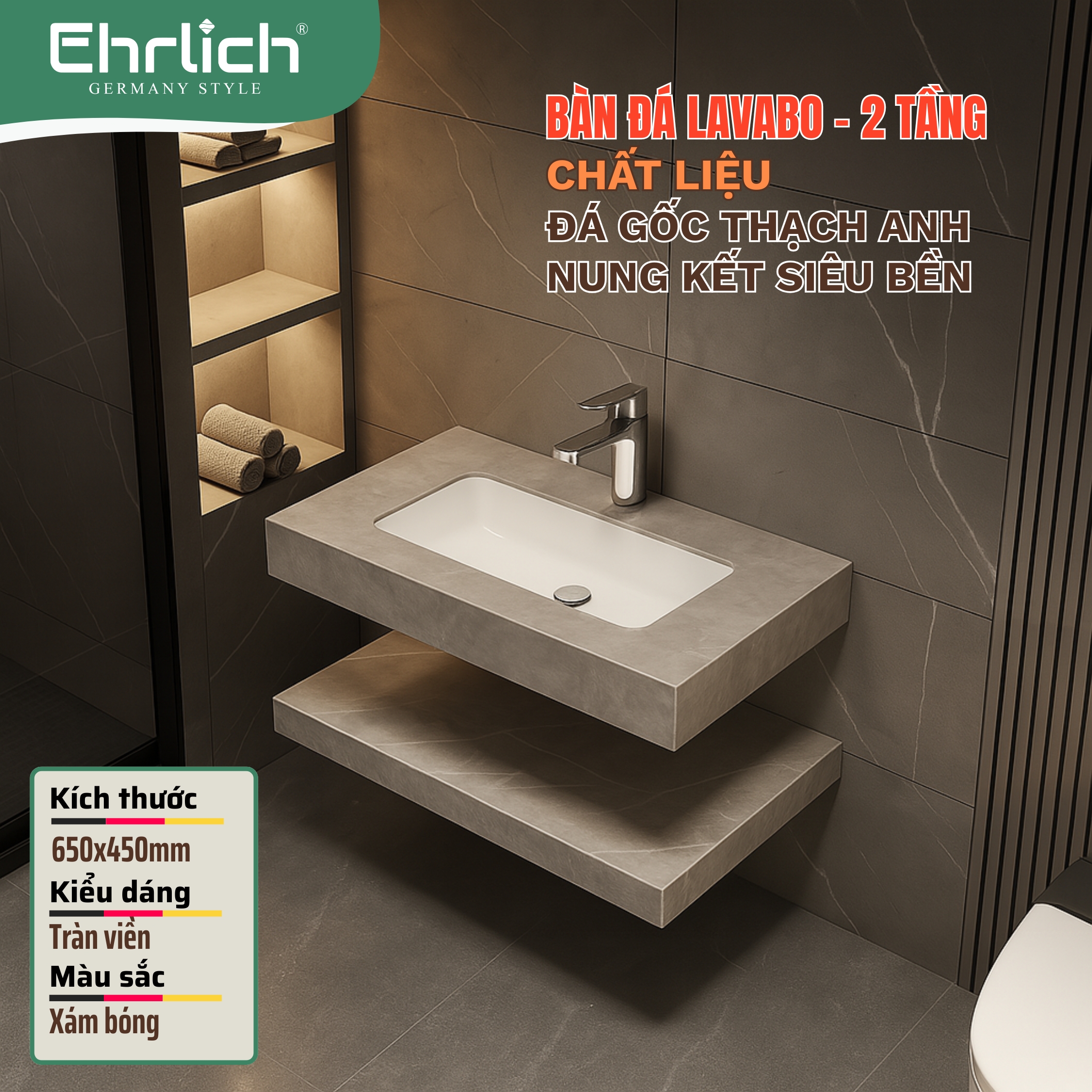 Bàn đá lavabo xám bóng 2 tầng tràn viền - 65x45