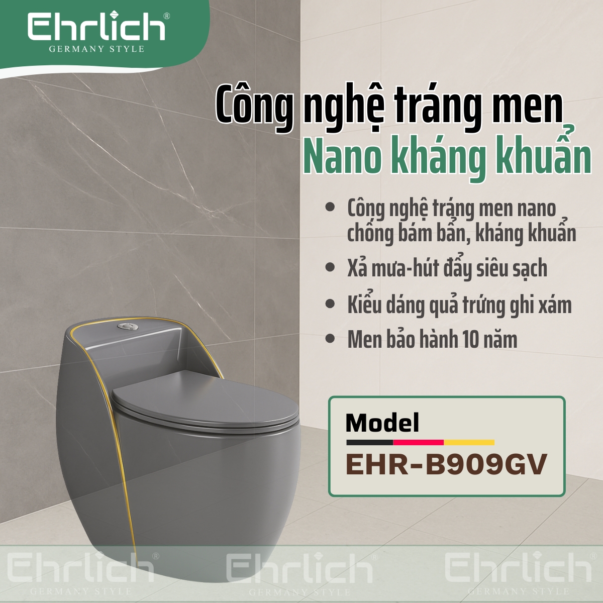 Bồn cầu trứng xám vát cạnh viền vàng  EHR-B909GV