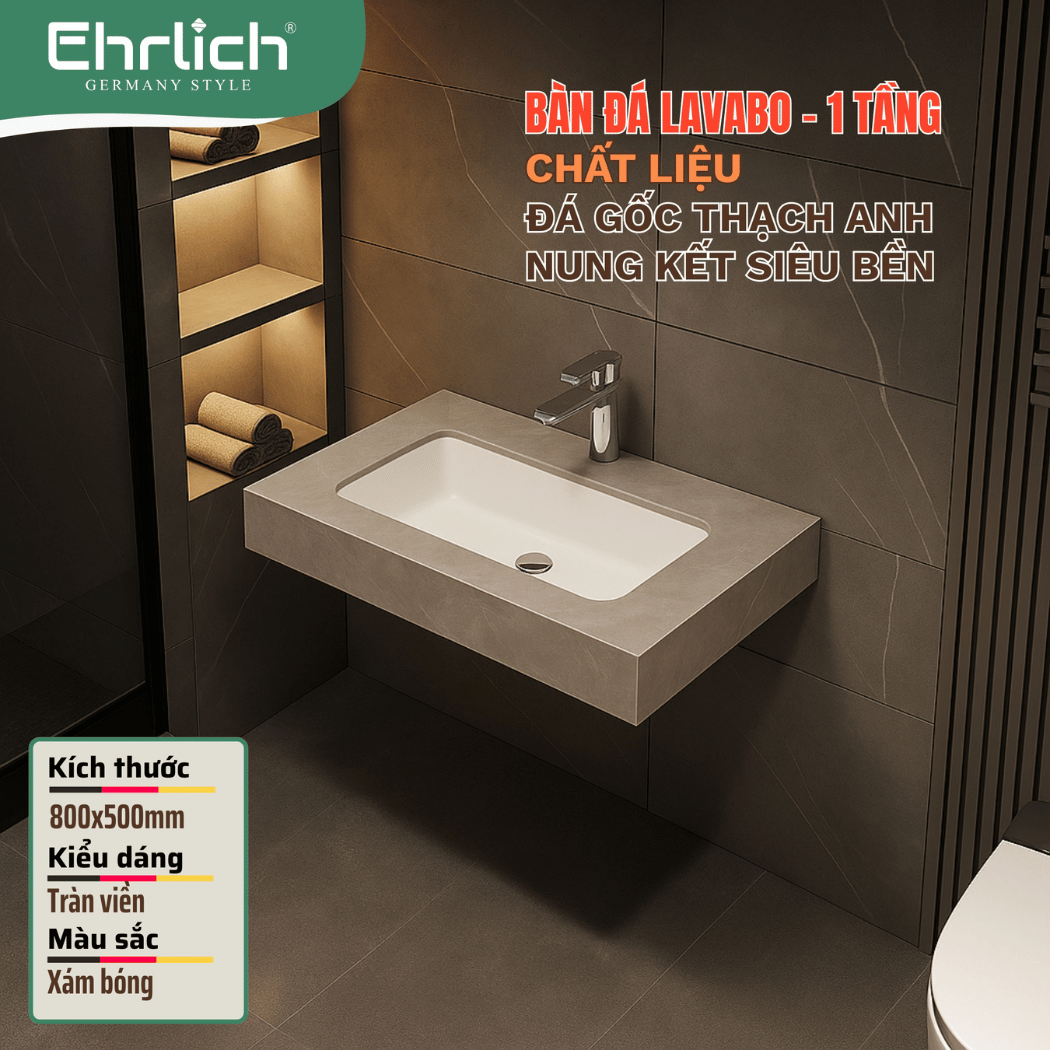 Bàn đá lavabo xám bóng 1 tầng tràn viền - 80x50
