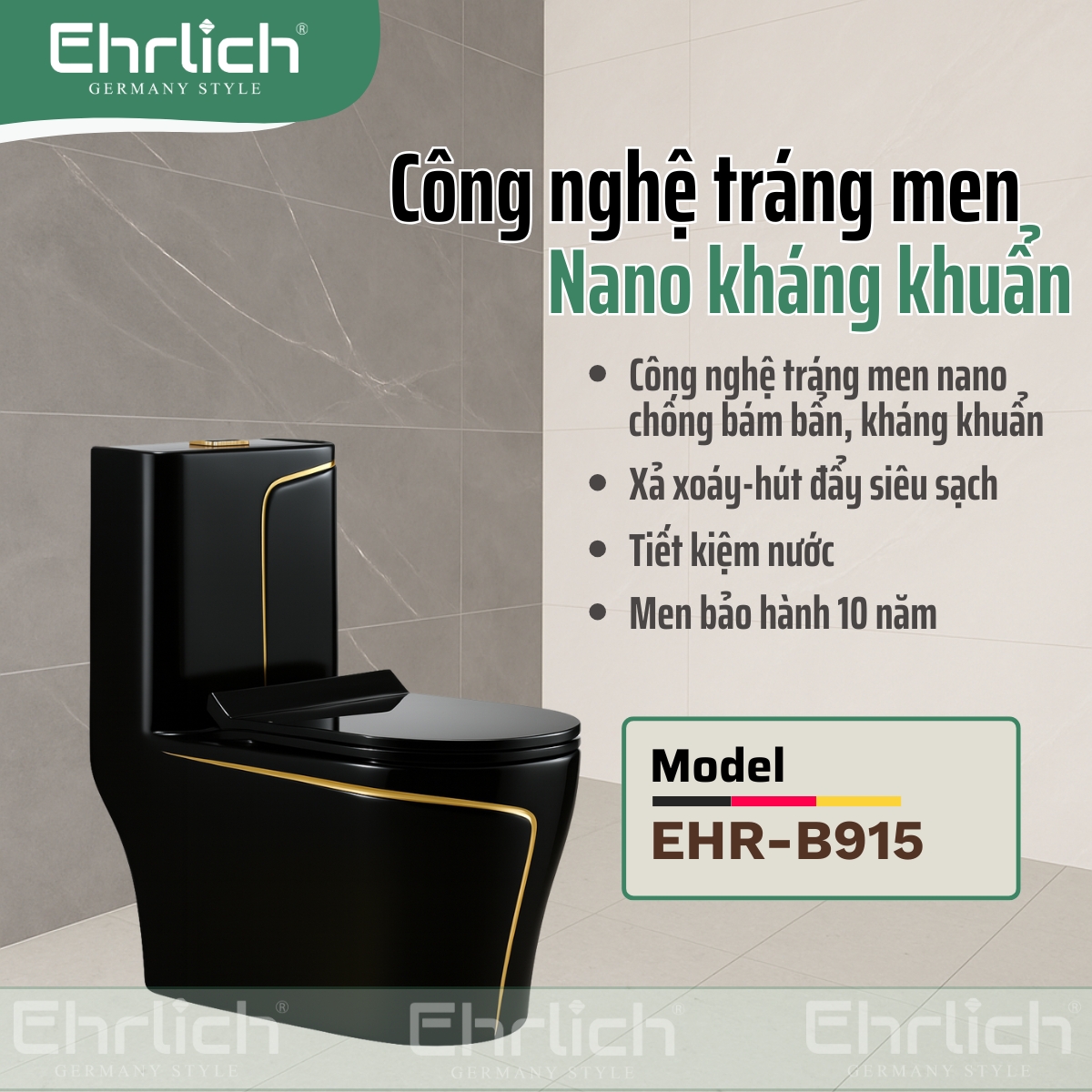Bồn cầu liền khối đen chỉ vàng EHR-B915