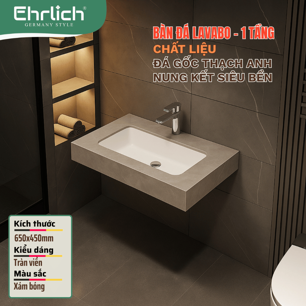 Bàn đá lavabo xám bóng 1 tầng tràn viền - 65x45
