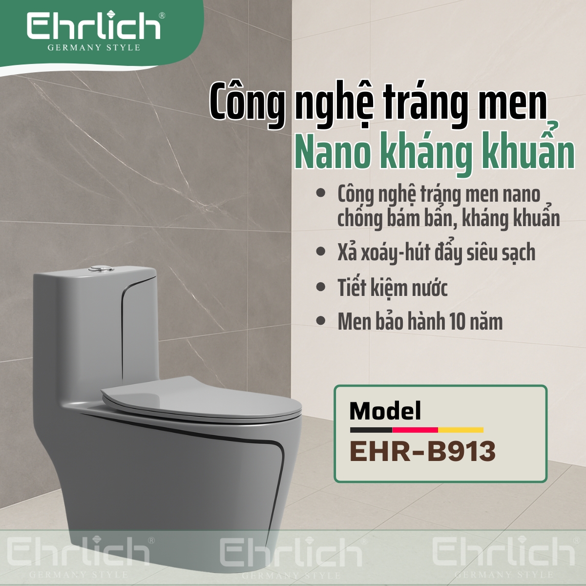 Bồn cầu liền khối xám chỉ vàng  EHR-B913