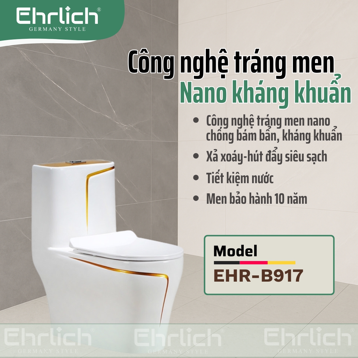 Bồn cầu liền khối trắng chỉ vàng  EHR-B917