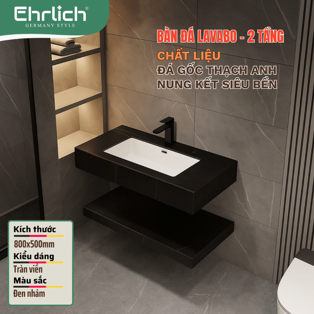 Bàn đá lavabo đen nhám 2 tầng tràn viền - 80x50