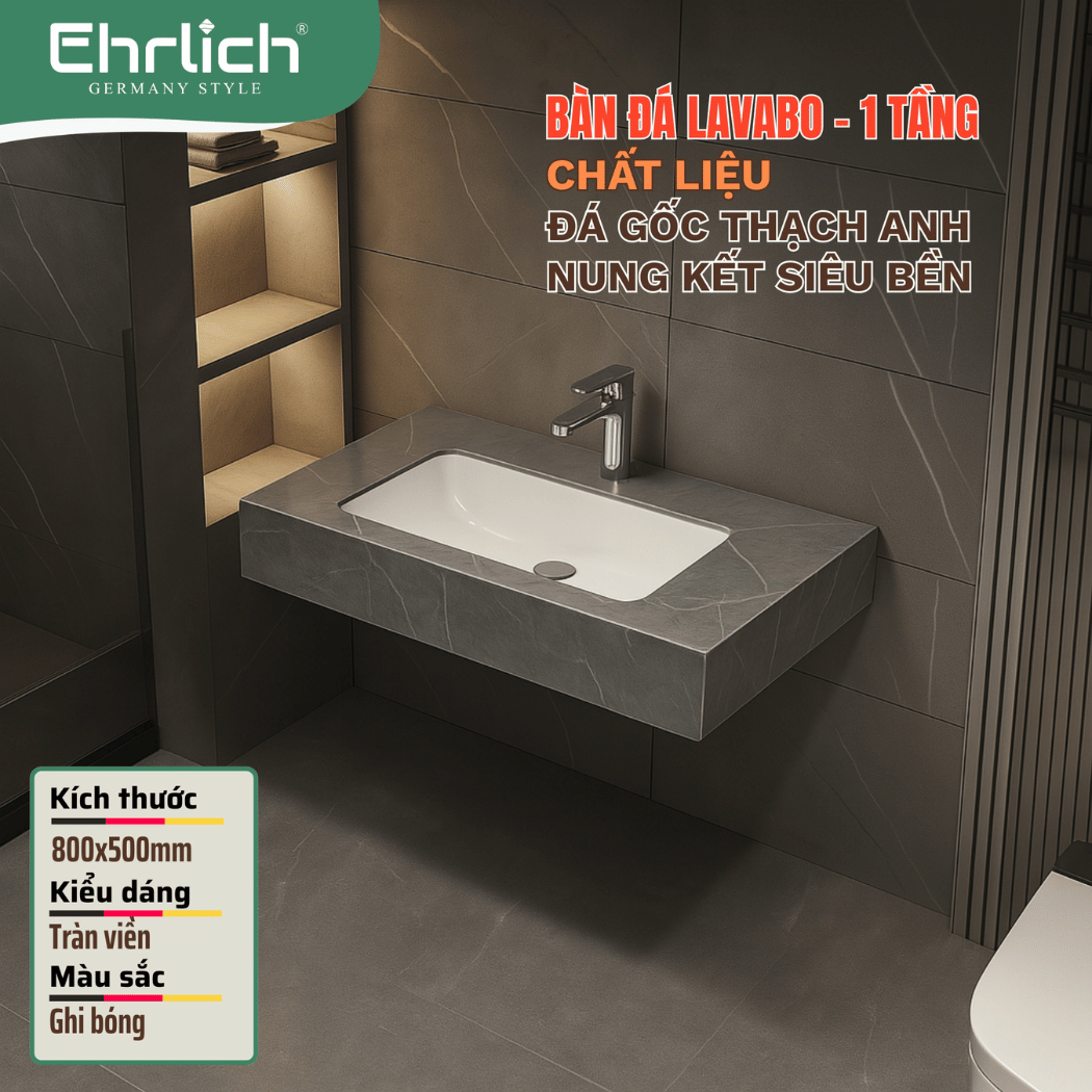 Bàn đá lavabo ghi bóng 1 tầng tràn viền - 80x50