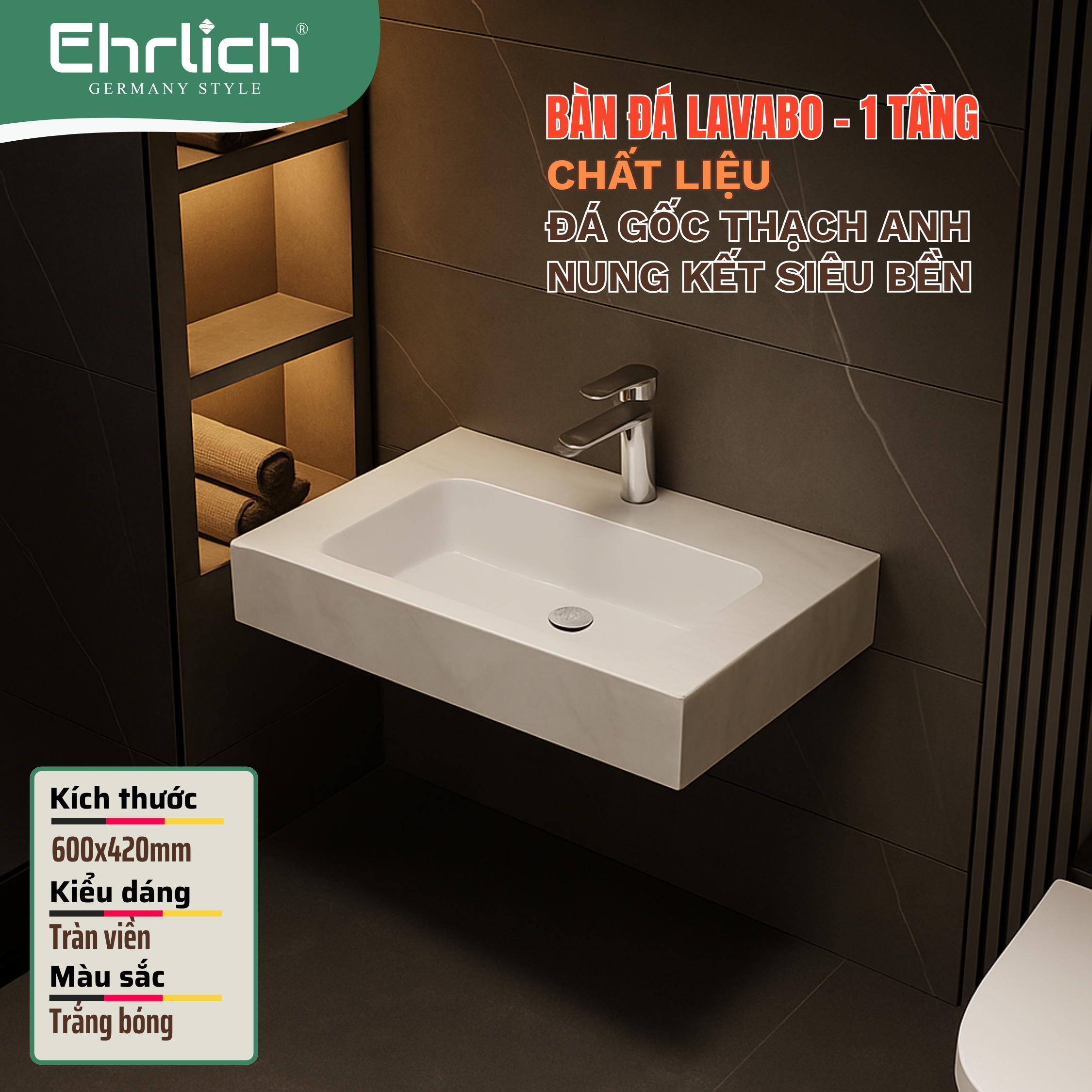 Bàn đá lavabo trắng bóng 1 tầng tràn viền - 60x42