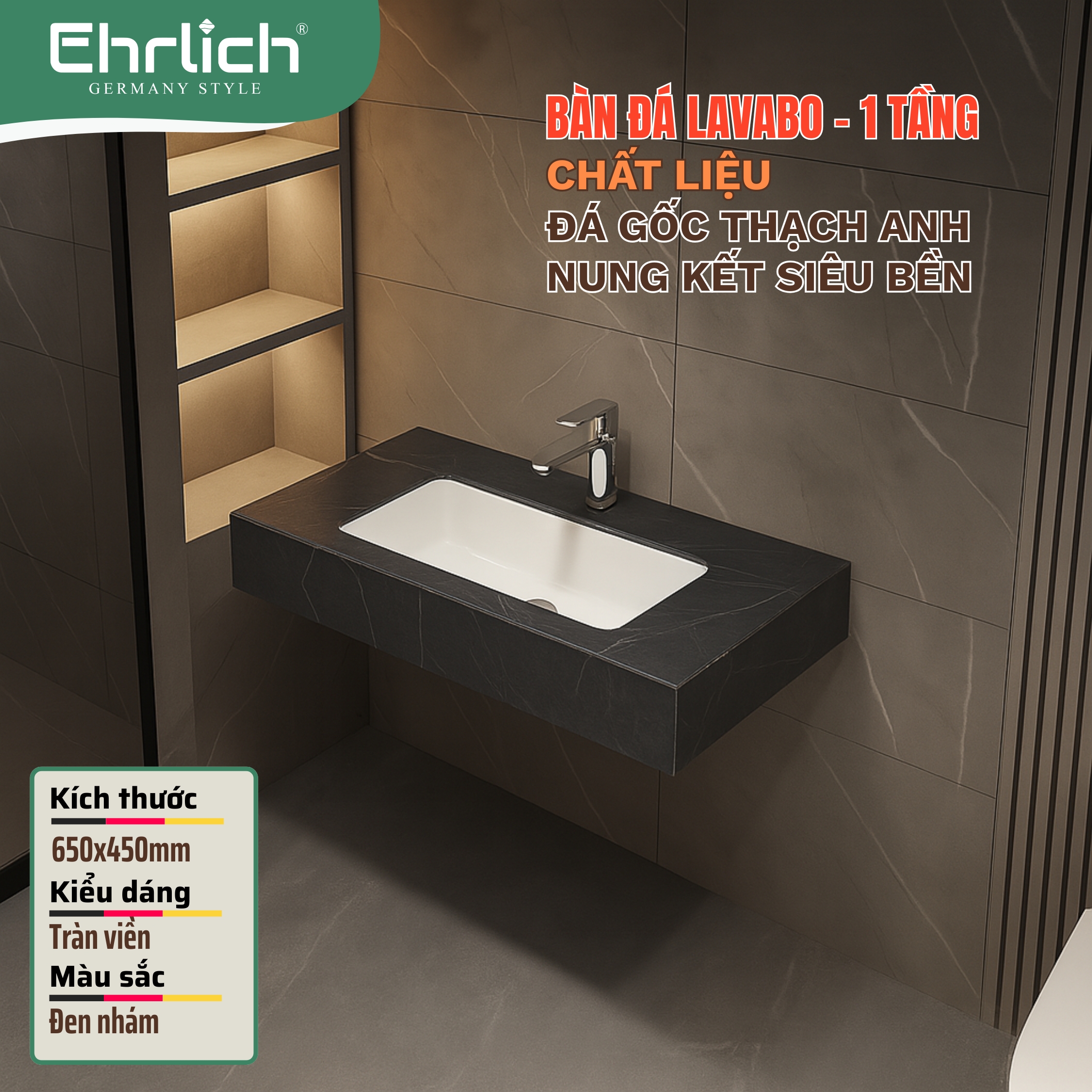 Bàn đá lavabo đen nhám 1 tầng tràn viền - 65x45