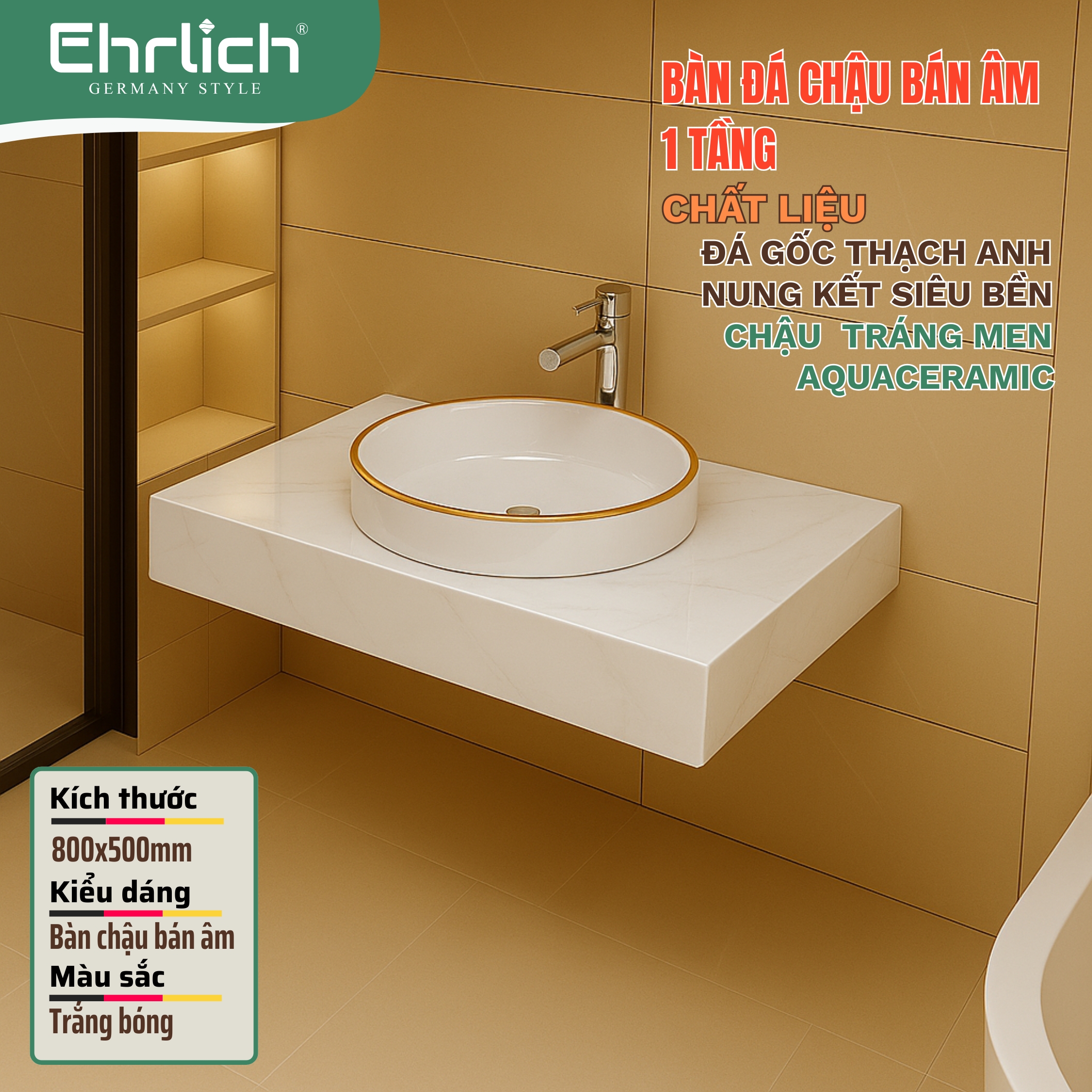 Bàn đá chậu bán âm 1 tầng - Trắng bóng