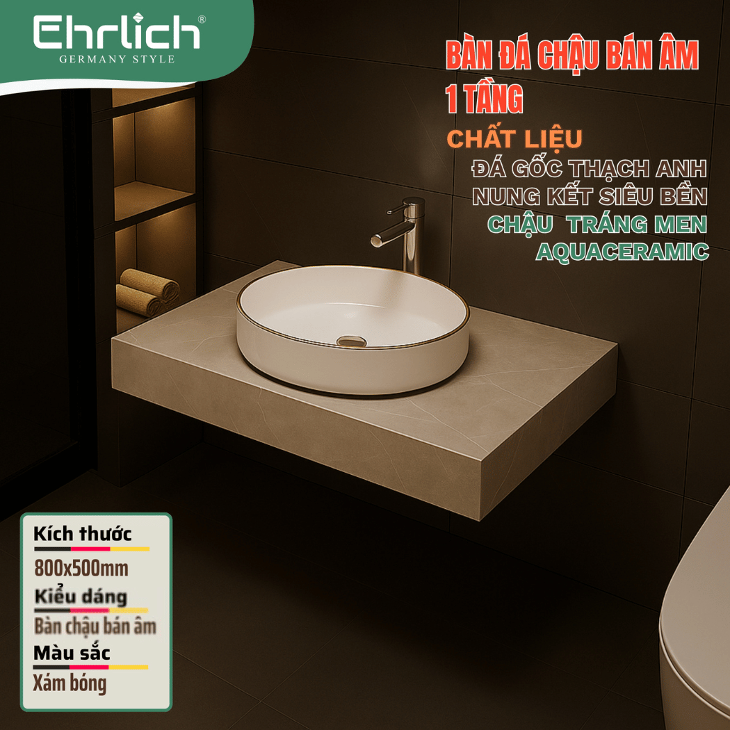 Bàn đá chậu bán âm 1 tầng - Xám bóng