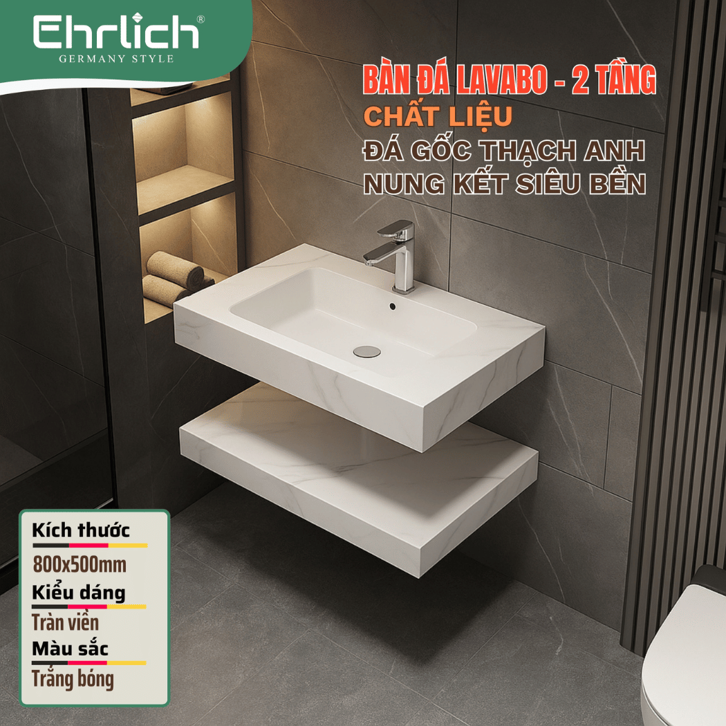 Bàn đá lavabo trắng bóng 1 tầng tràn viền - 80x50