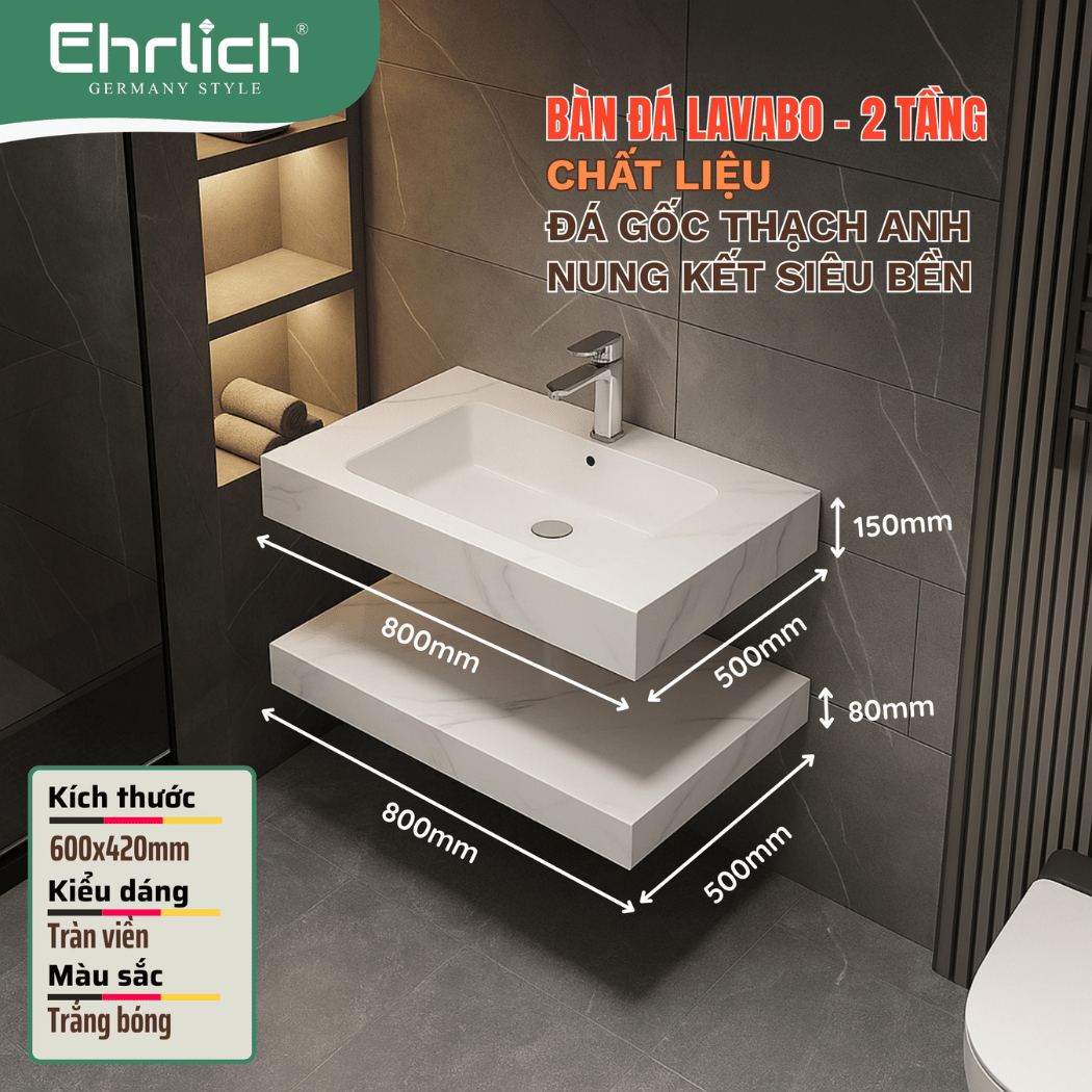 Bàn đá lavabo trắng bóng 1 tầng tràn viền - 60x42