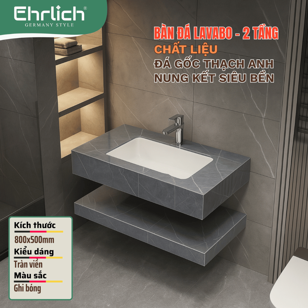 Bàn đá lavabo ghi bóng 2 tầng tràn viền - 80x50