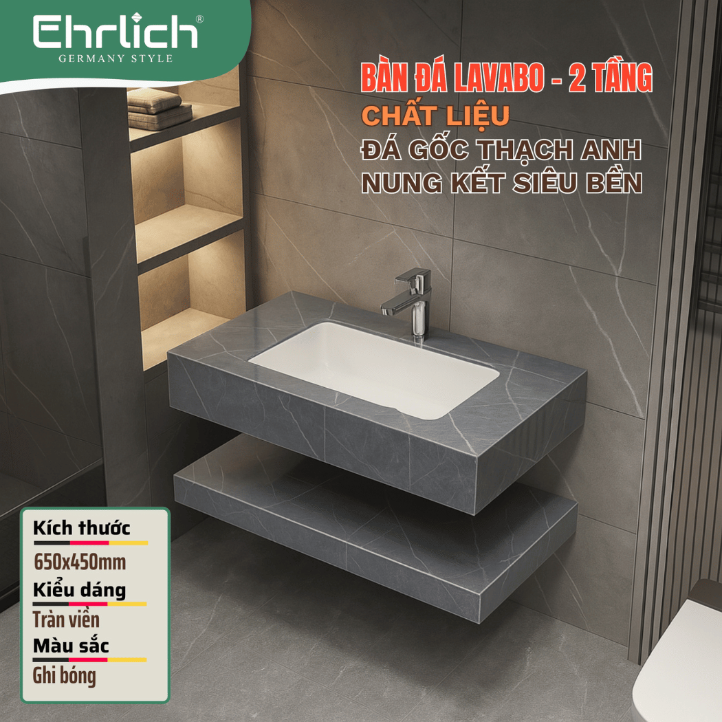 Bàn đá lavabo ghi bóng 2 tầng tràn viền - 65x45