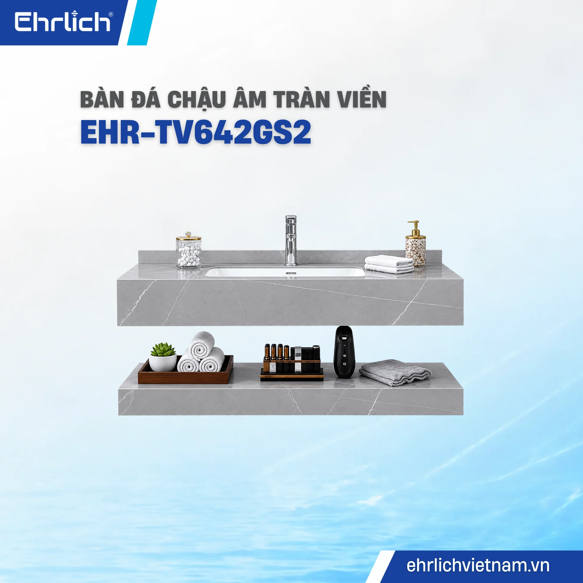 Bàn đá lavabo ghi bóng 2 tầng tràn viền – 60×42