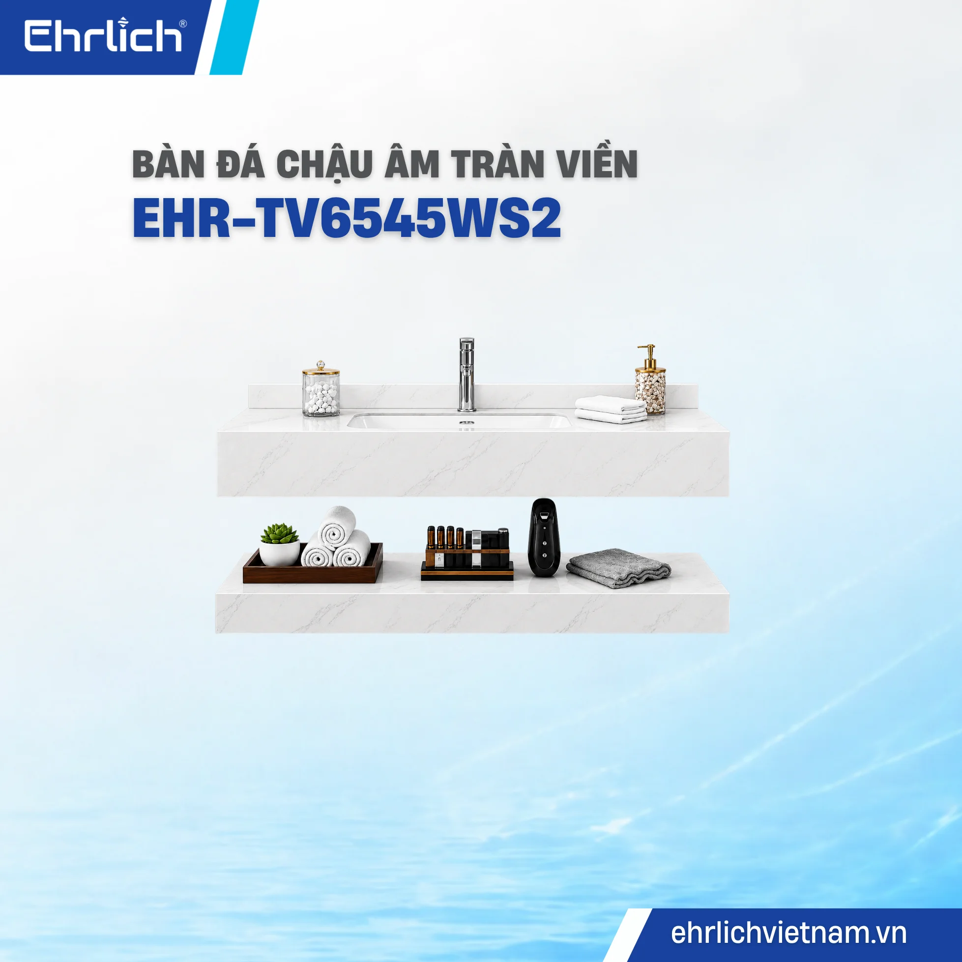Bàn đá lavabo trắng bóng 2 tầng tràn viền – 65×45