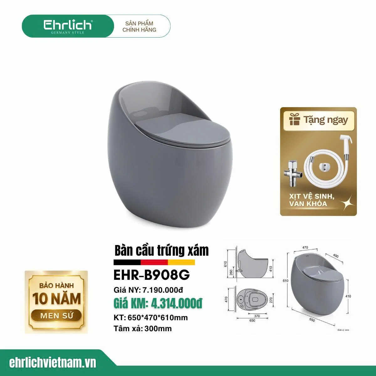 Bồn cầu trứng xám  EHR-B908G