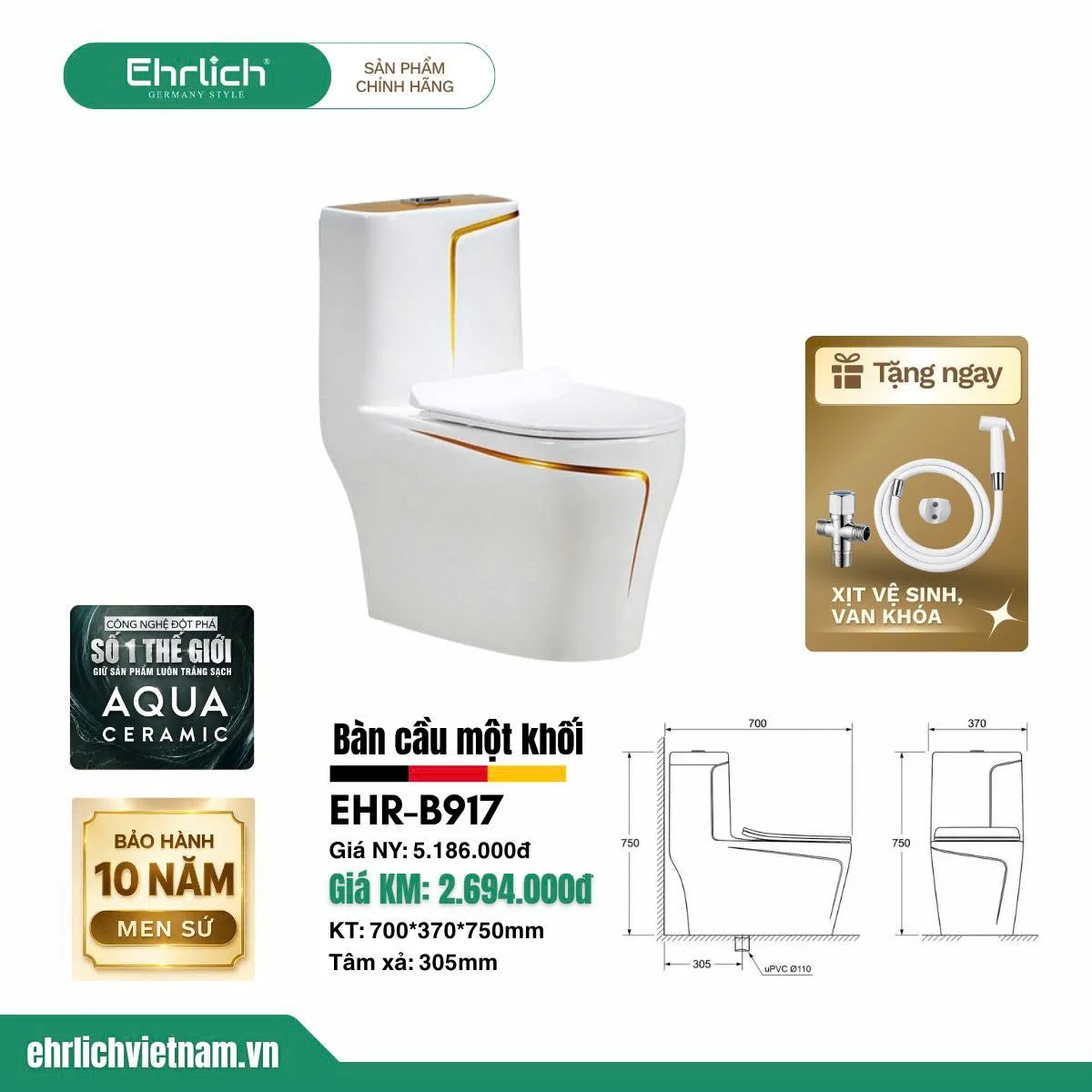 Bồn cầu liền khối trắng chỉ vàng  EHR-B917