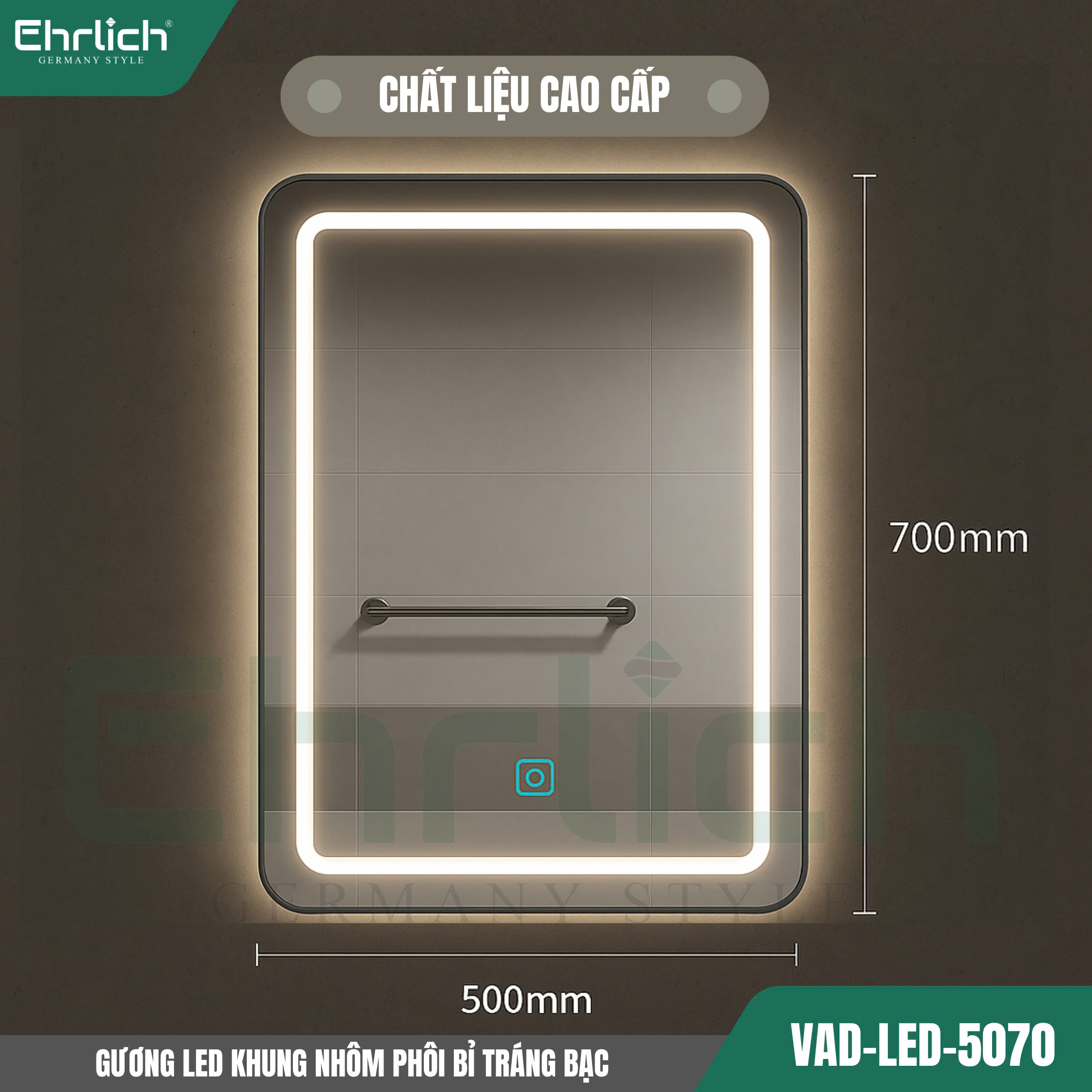 Gương LED khung nhôm phôi Bỉ tráng bạc VAD-LED-5070