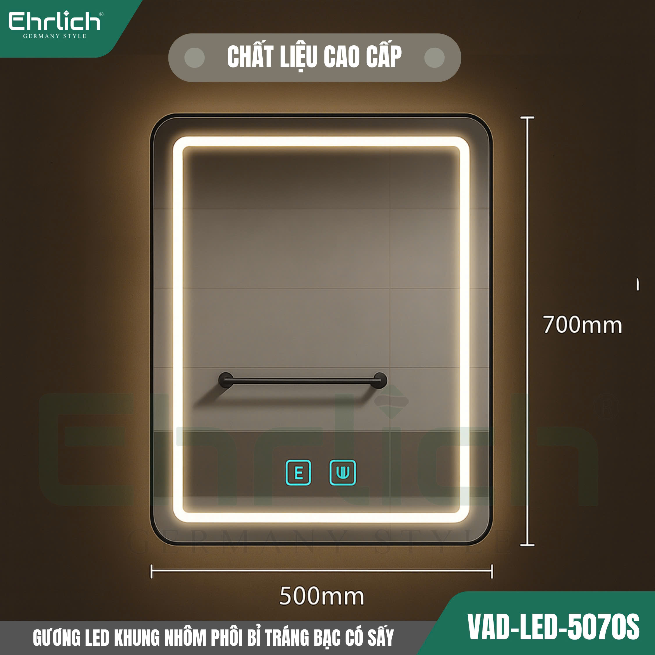 Gương LED khung nhôm phôi Bỉ tráng bạc có sấy VAD-LED-5070S
