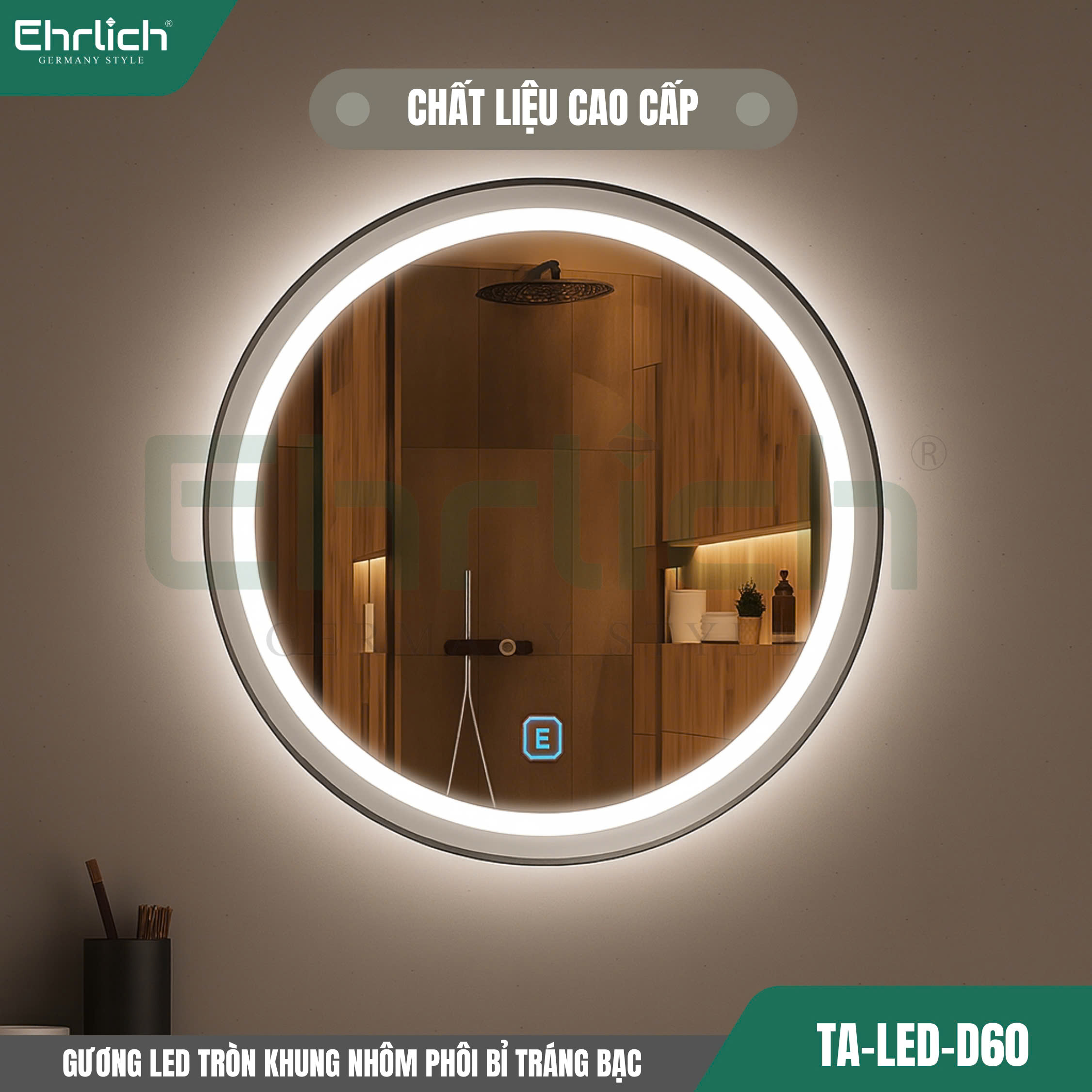 Gương LED tròn khung nhôm phôi Bỉ tráng bạc TA-LED-D60