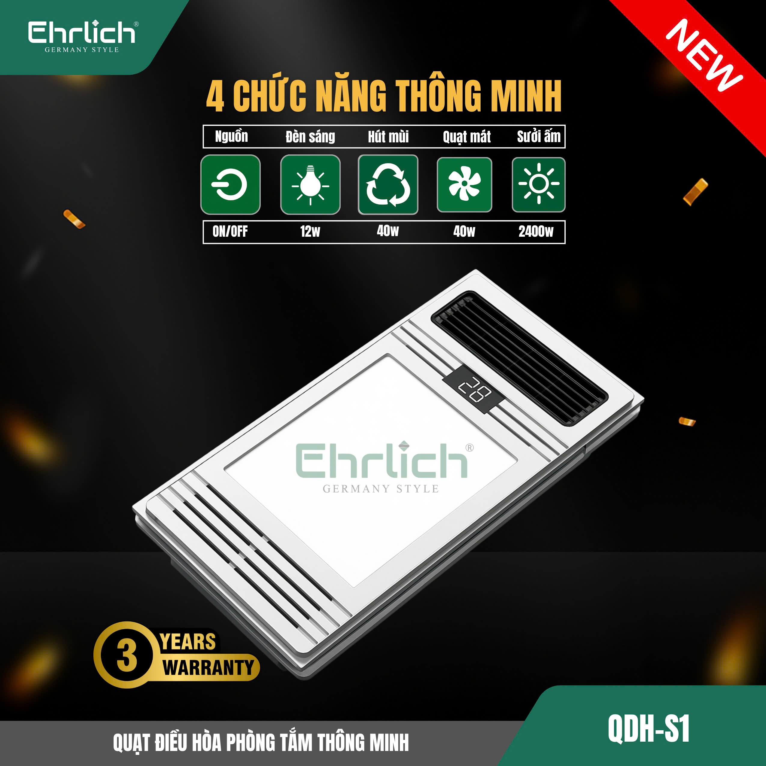 Quạt điều hòa phòng tắm thông minh QDH-S1