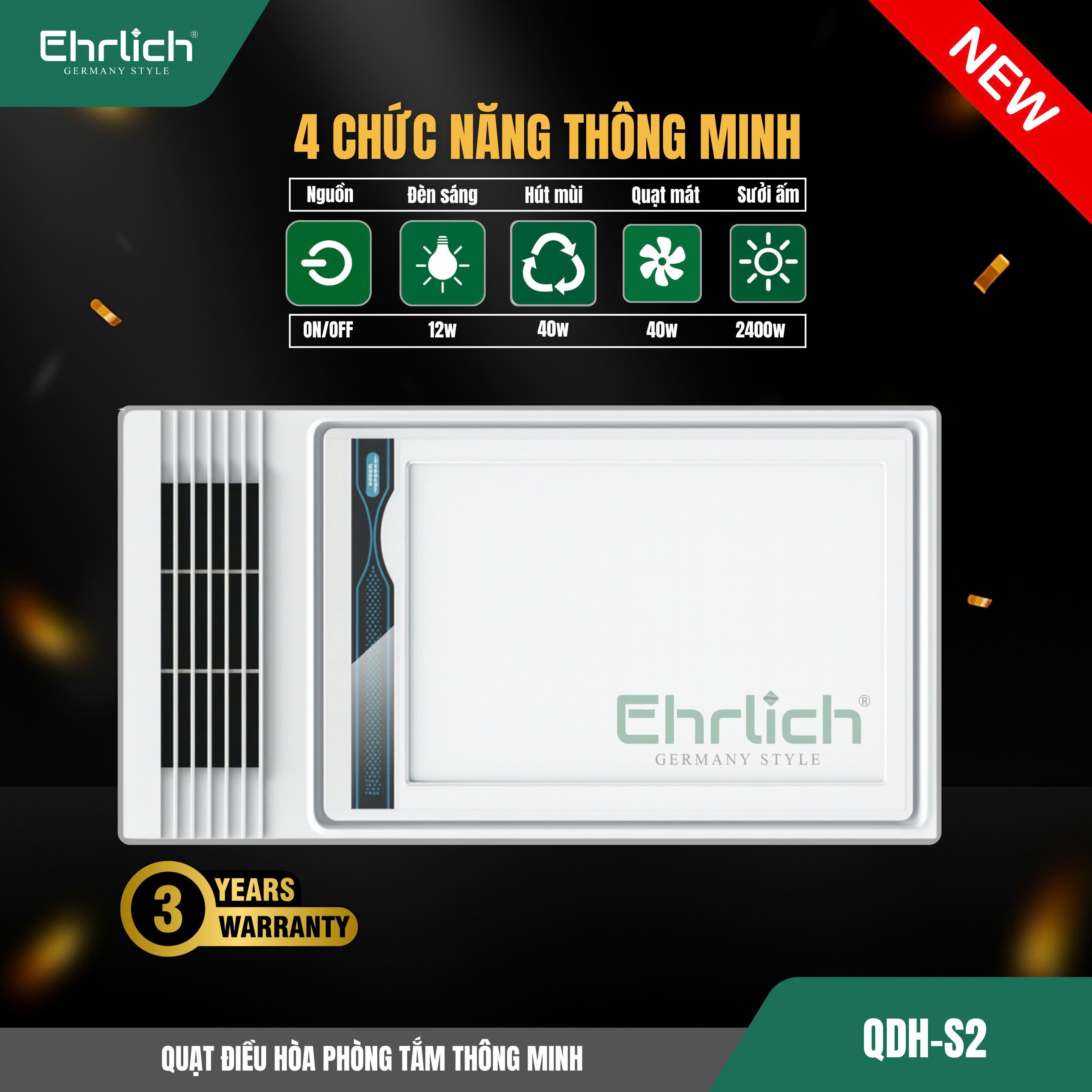 Quạt điều hòa phòng tắm thông minh QDH-S2