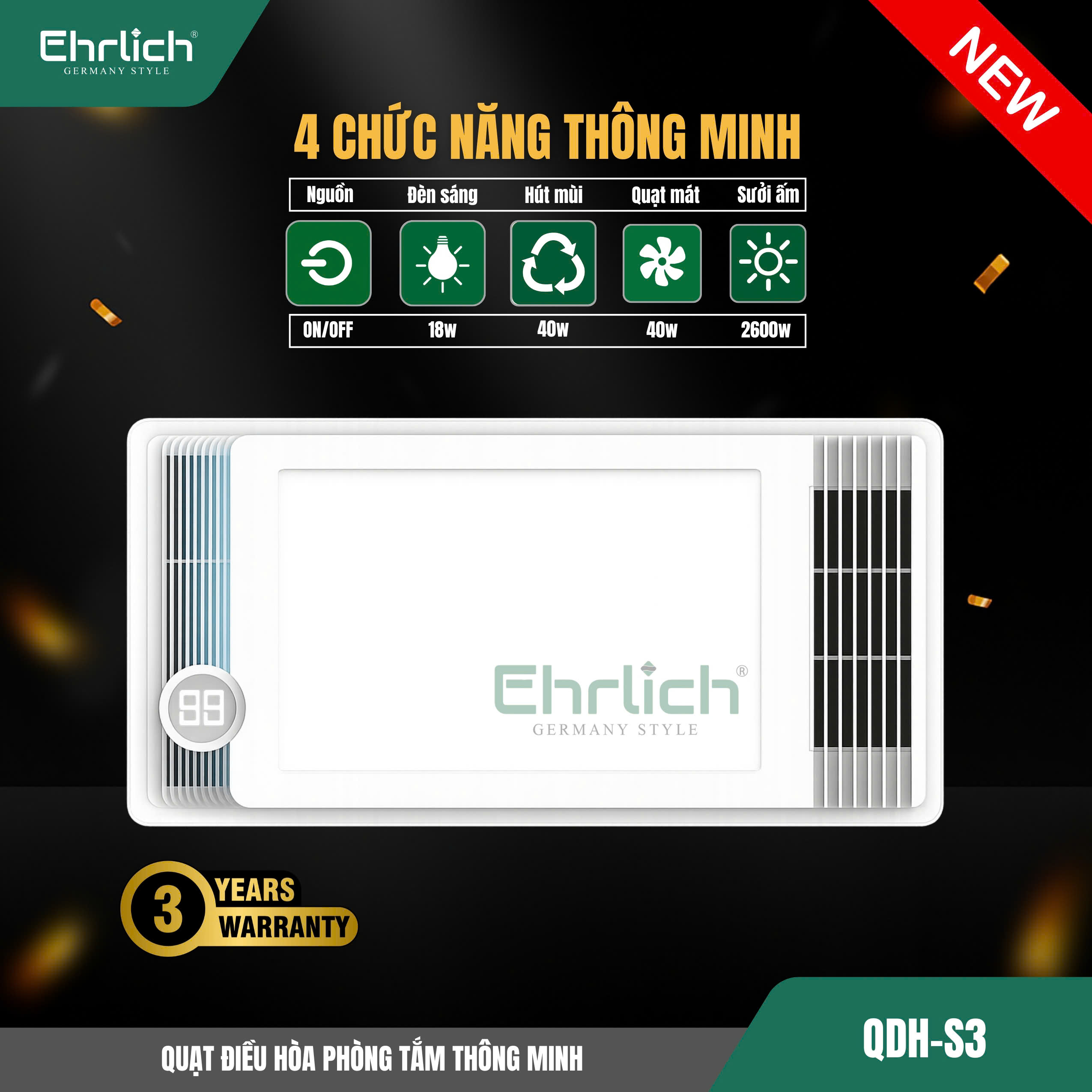 Quạt điều hòa phòng tắm thông minh QDH-S3