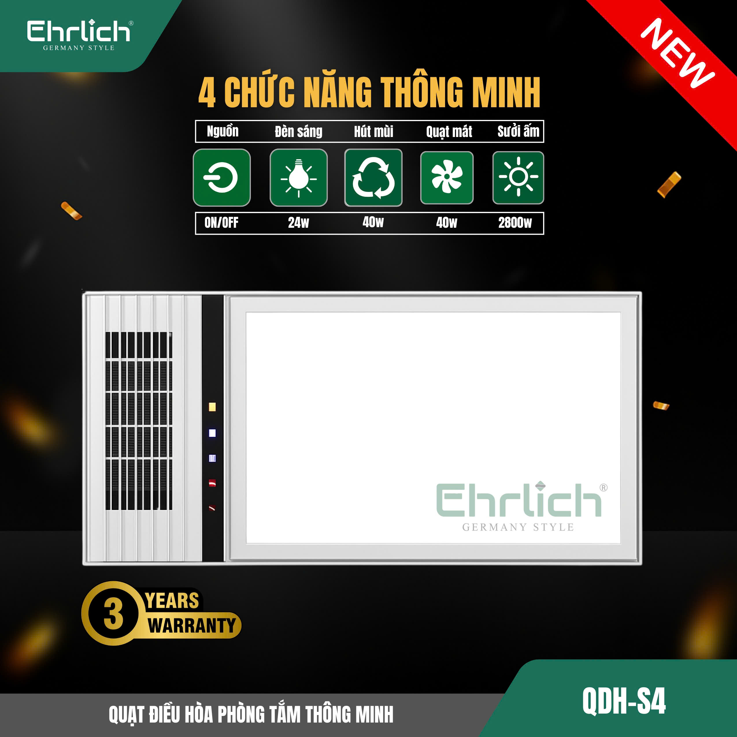 Quạt điều hòa phòng tắm thông minh QDH-S4