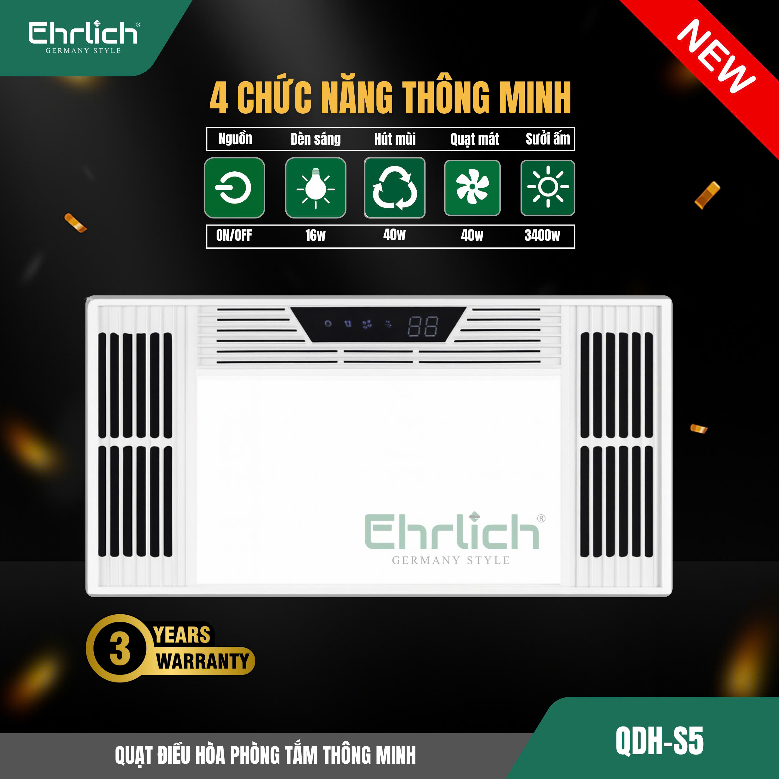 Quạt điều hòa phòng tắm thông minh QDH-S5