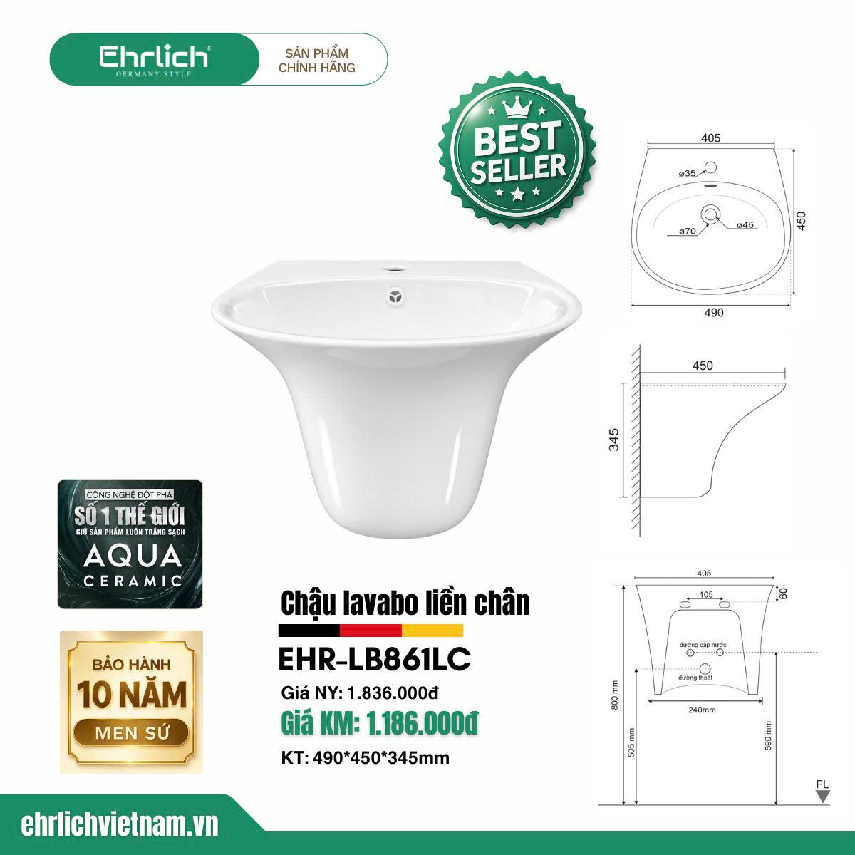Chậu lavabo liền chân LB861-LC
