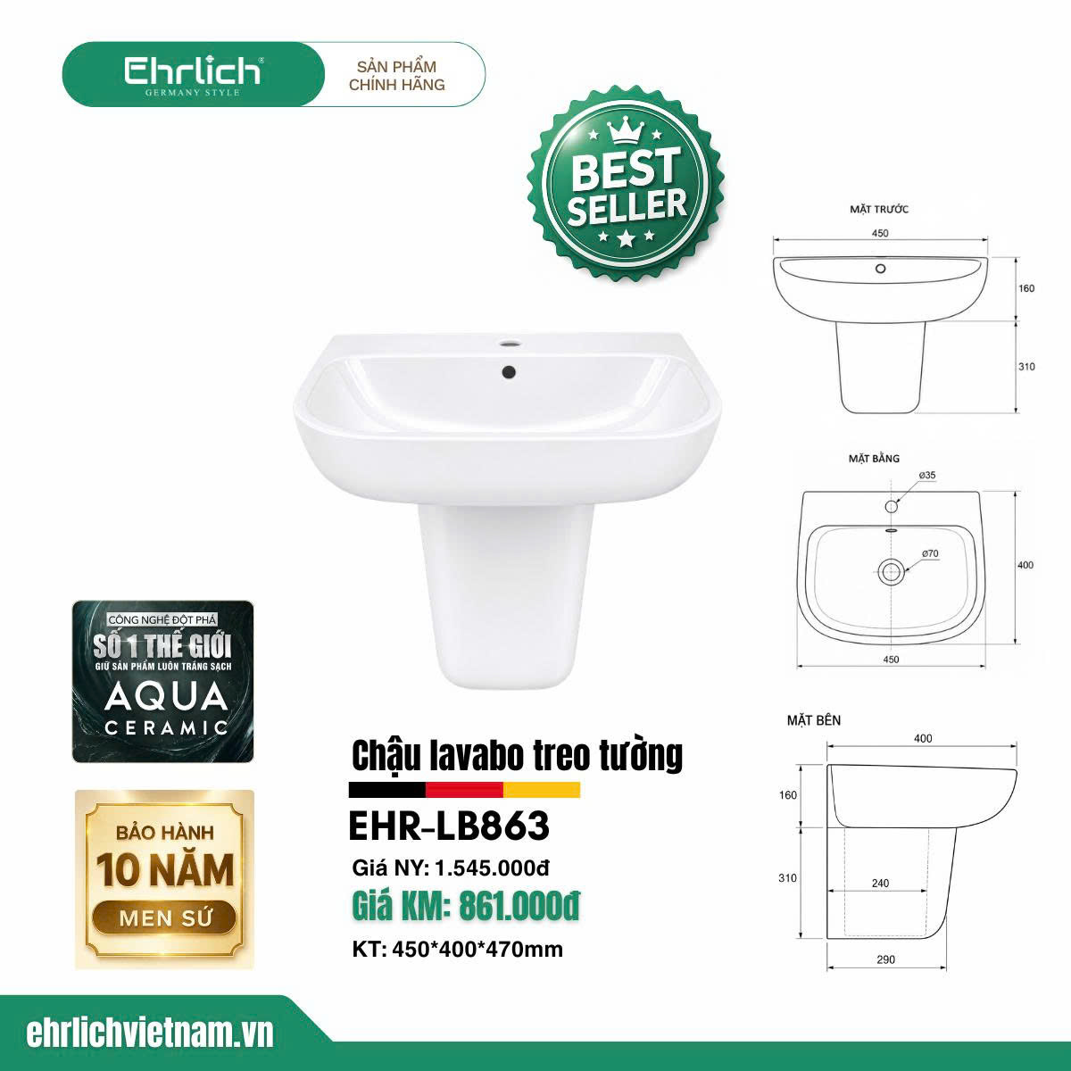 Chậu lavabo treo tường LB863