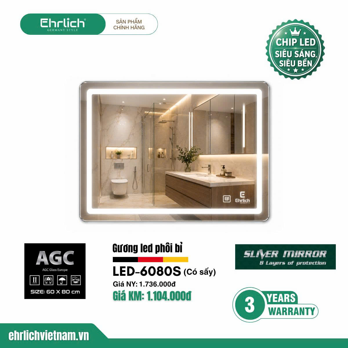 Gương LED phôi Bỉ có sấy LED-6080S