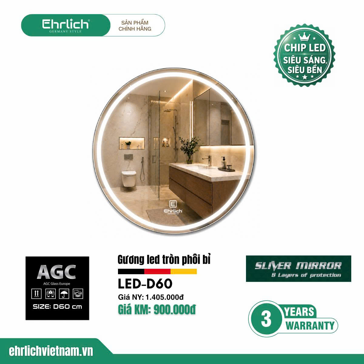 Gương LED tròn phôi Bỉ tráng bạc LED-D60