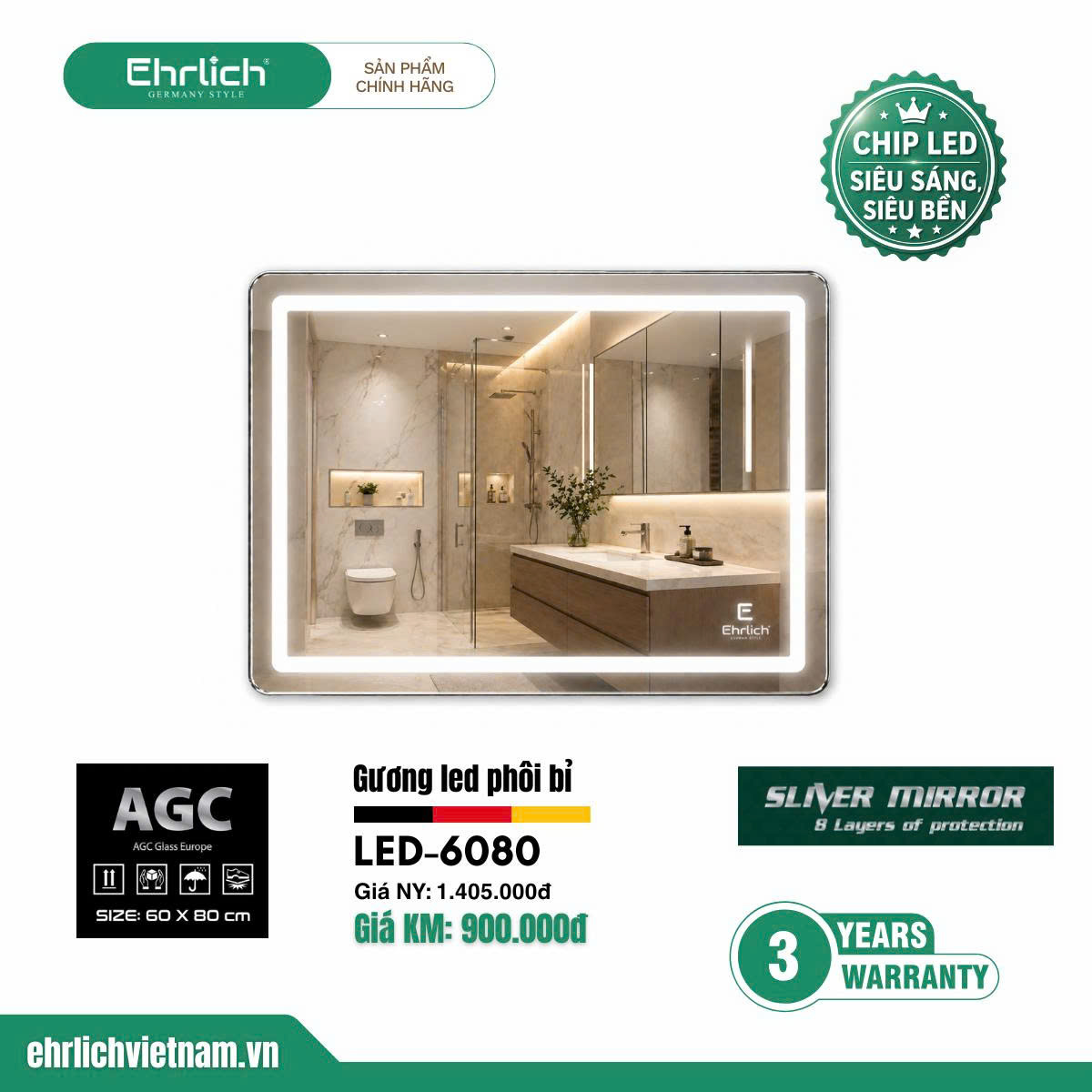 Gương LED phôi Bỉ LED-6080
