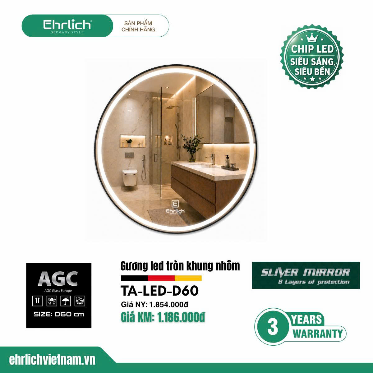Gương LED tròn khung nhôm phôi Bỉ TA-LED-D60