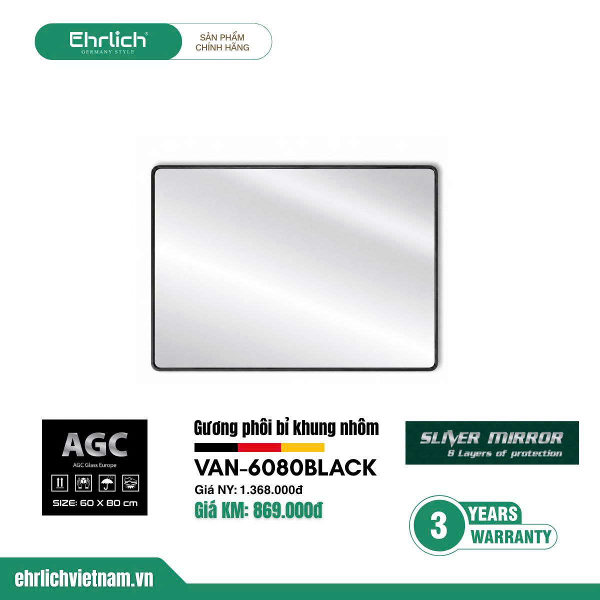 Gương ngang khung nhôm phôi Bỉ VAN-6080BLACK
