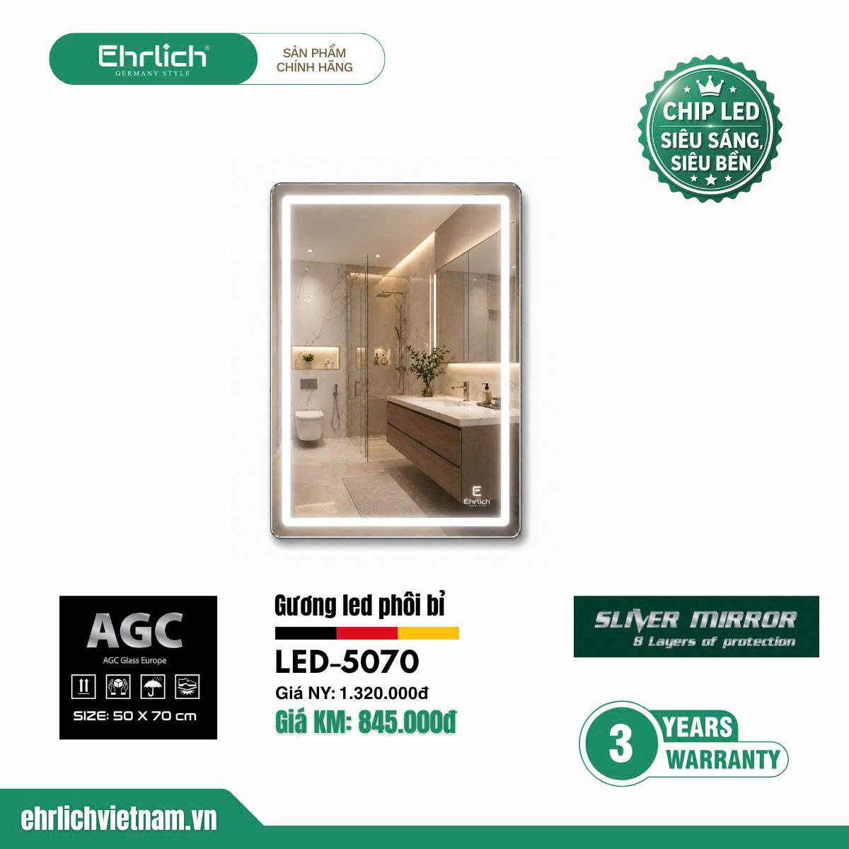 Gương LED phôi Bỉ LED-5070
