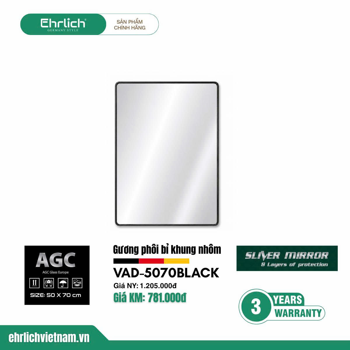 Gương đứng khung nhôm phôi Bỉ VAD-5070BLACK
