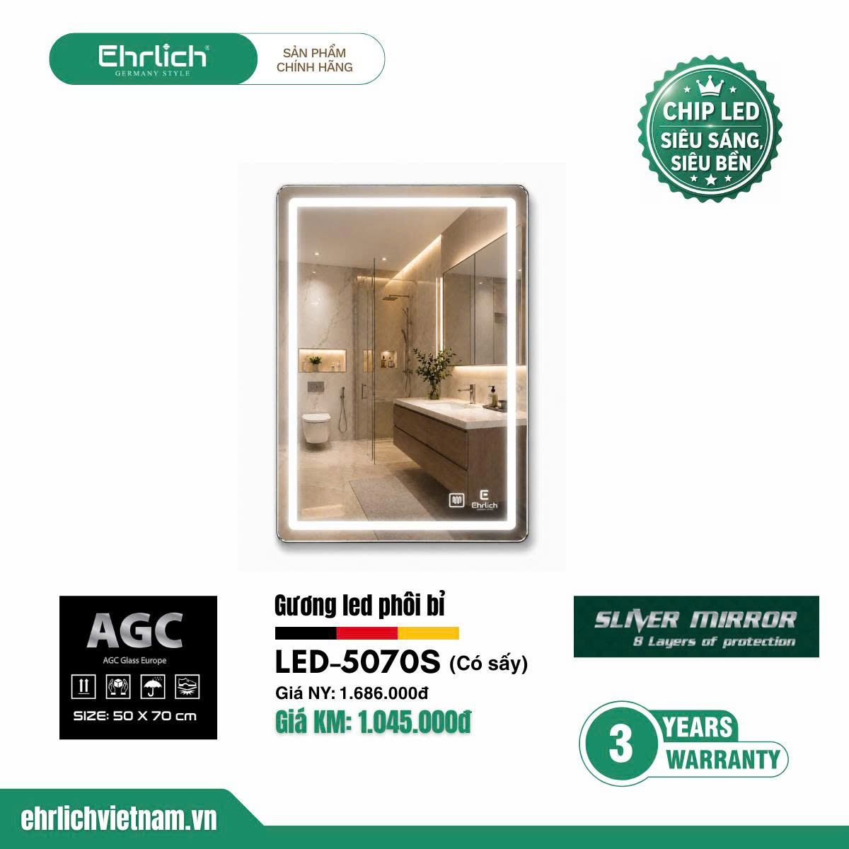Gương LED phôi Bỉ có sấy LED-5070S