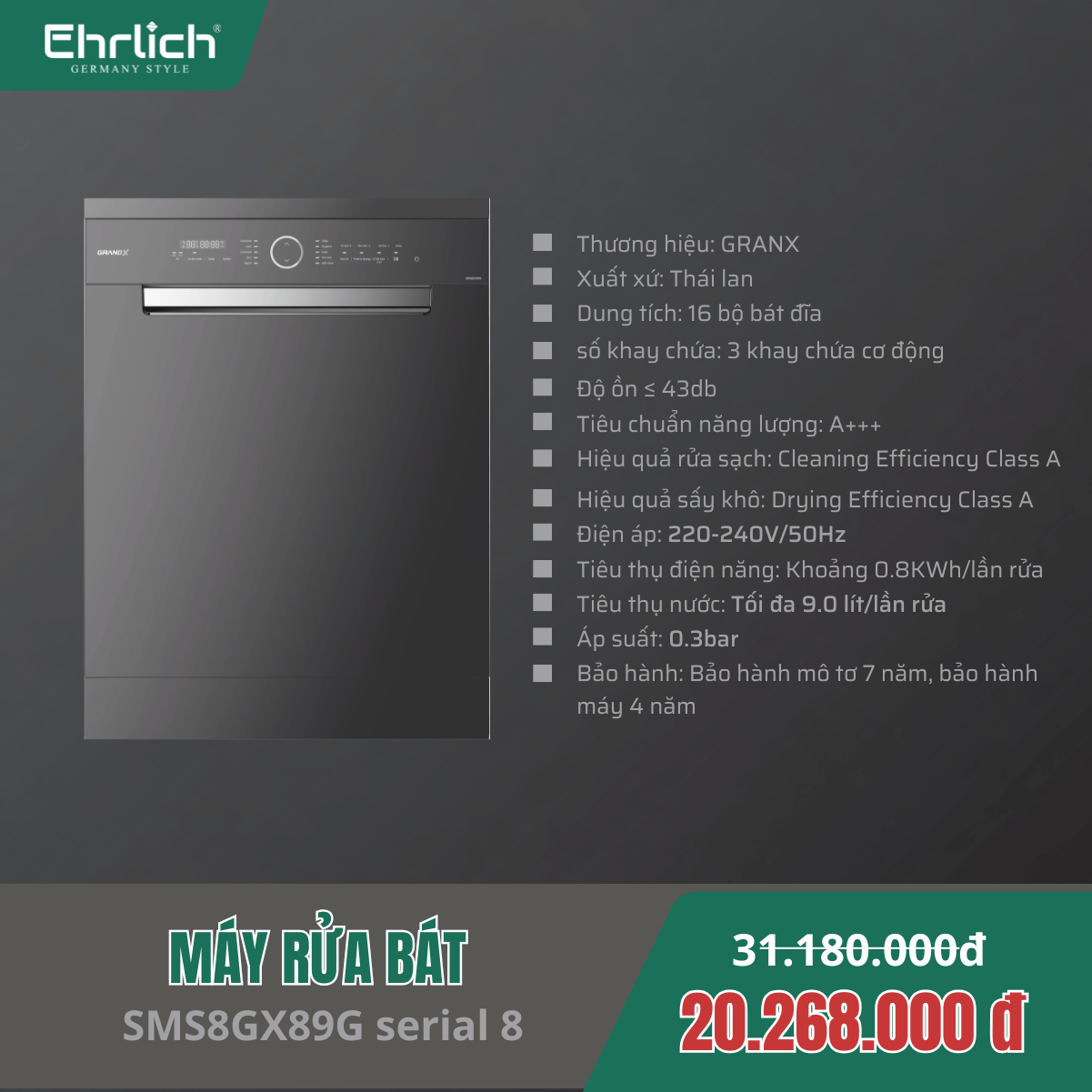 Máy Rửa Bát GRANDX SMS8GX89G Serial 8