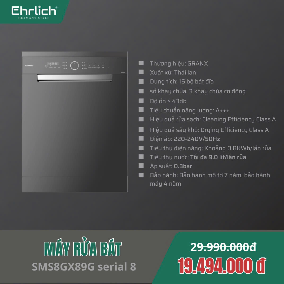 Máy Rửa Bát GRANDX SMS8GX89G Serial 8