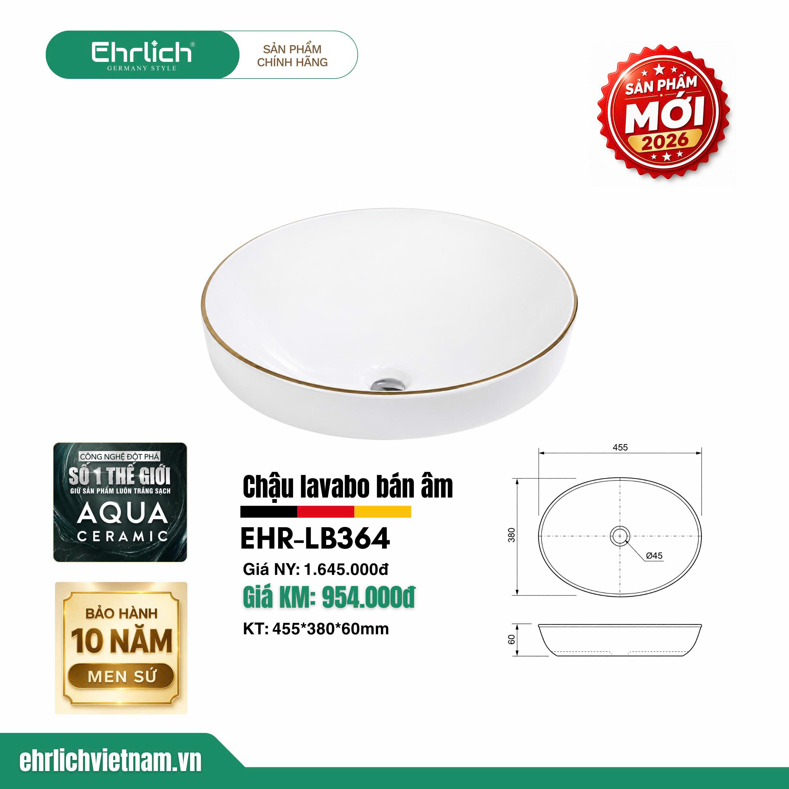 Chậu lavabo bán âm LB364