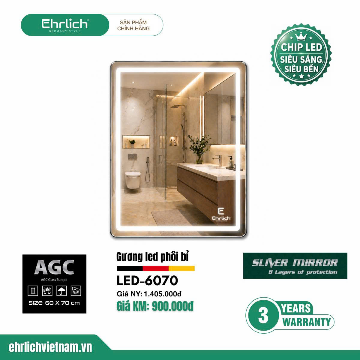 Gương LED phôi Bỉ LED-6070