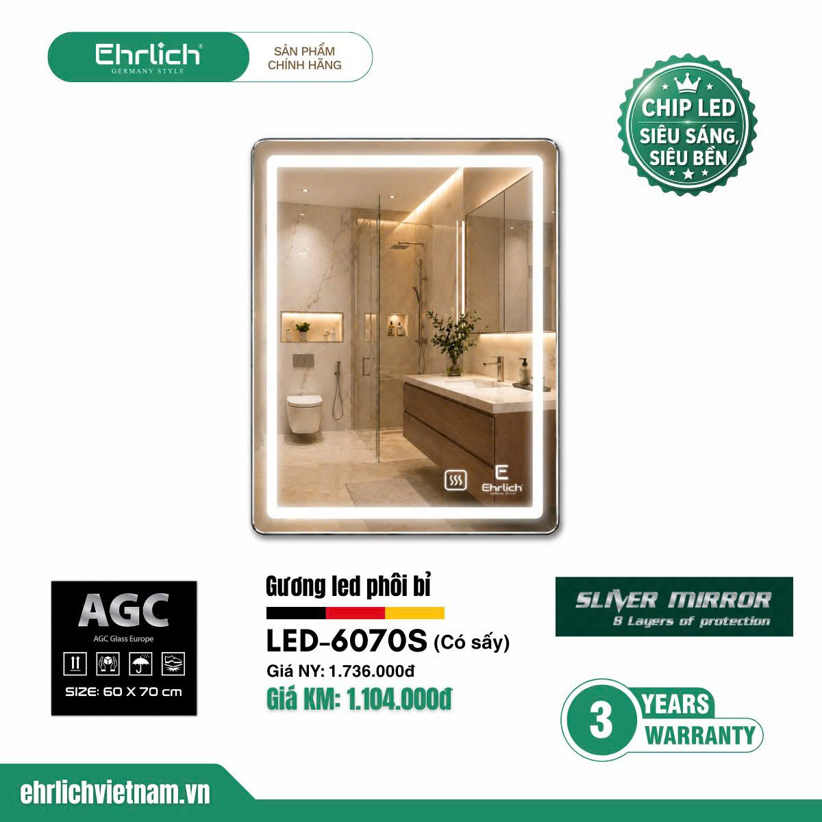 Gương LED phôi Bỉ có sấy LED-6070S